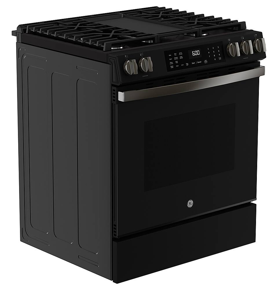 Angle. GE - 5.3 Cu. Ft. Slide-In Gas Convection Range with Steam Cleaning and EasyWash Tray - Black Slate.