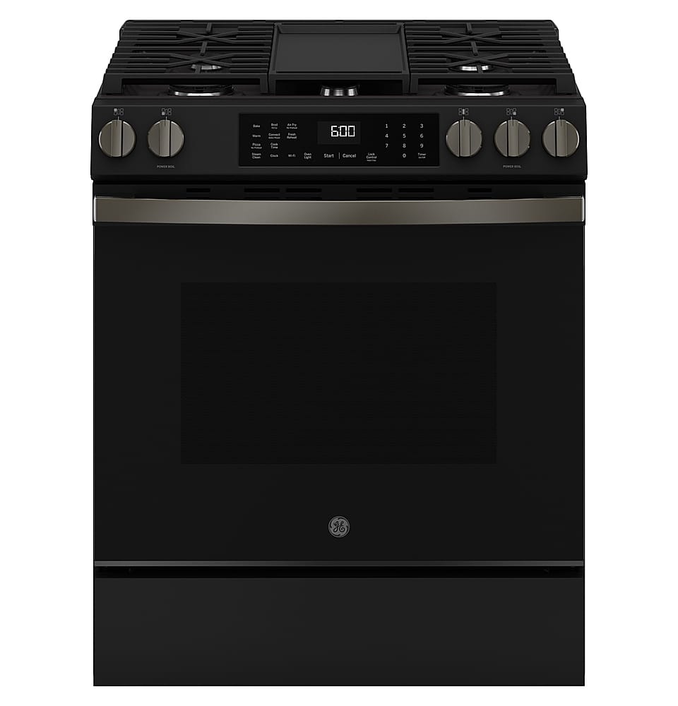 GE - 5.3 Cu. Ft. Slide-In Gas Convection Range with Steam Cleaning and EasyWash Tray - Black Slate - Front_Zoom