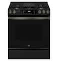 GE - 30 in. Wide 5 Burners 5.3 Cu. Ft. Slide-In Gas Convection Range with Steam Cleaning and EasyWash Tray - Black Slate