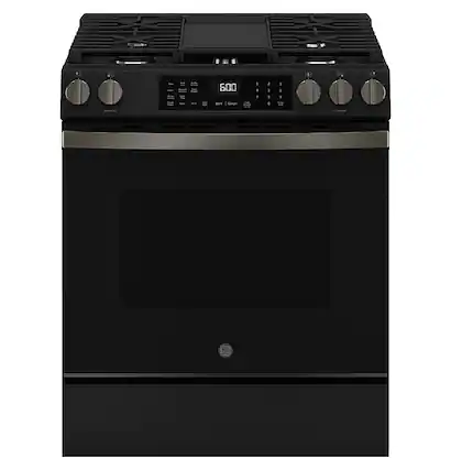 Front. GE - 5.3 Cu. Ft. Slide-In Gas Convection Range with Steam Cleaning and EasyWash Tray - Black Slate.