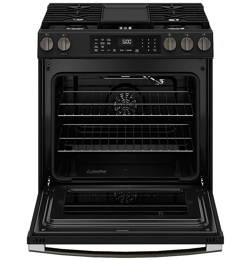 Alt View 17. GE - 5.3 Cu. Ft. Slide-In Gas Convection Range with Steam Cleaning and EasyWash Tray - Black Slate.