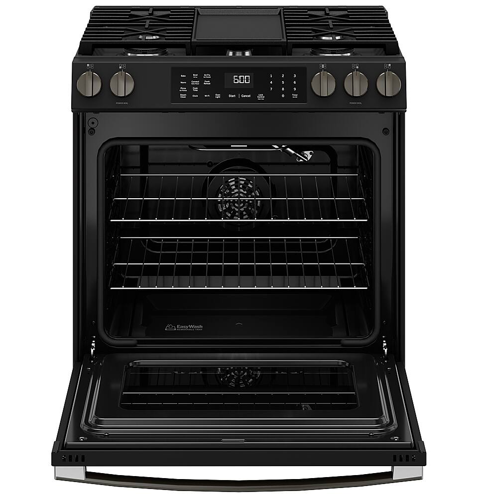 Alt View 17. GE - 5.3 Cu. Ft. Slide-In Gas Convection Range with Steam Cleaning and EasyWash Tray - Black Slate.