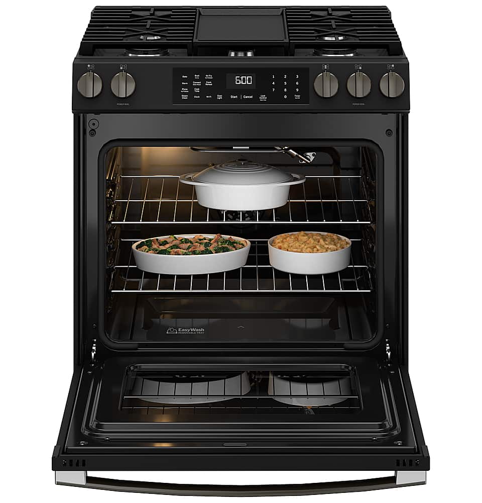 Alt View 18. GE - 5.3 Cu. Ft. Slide-In Gas Convection Range with Steam Cleaning and EasyWash Tray - Black Slate.