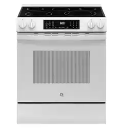 GE - 5.3 Cu. Ft. Slide-In Electric Convection Range with Steam Cleaning and EasyWash Oven Tray - White - Front_Zoom