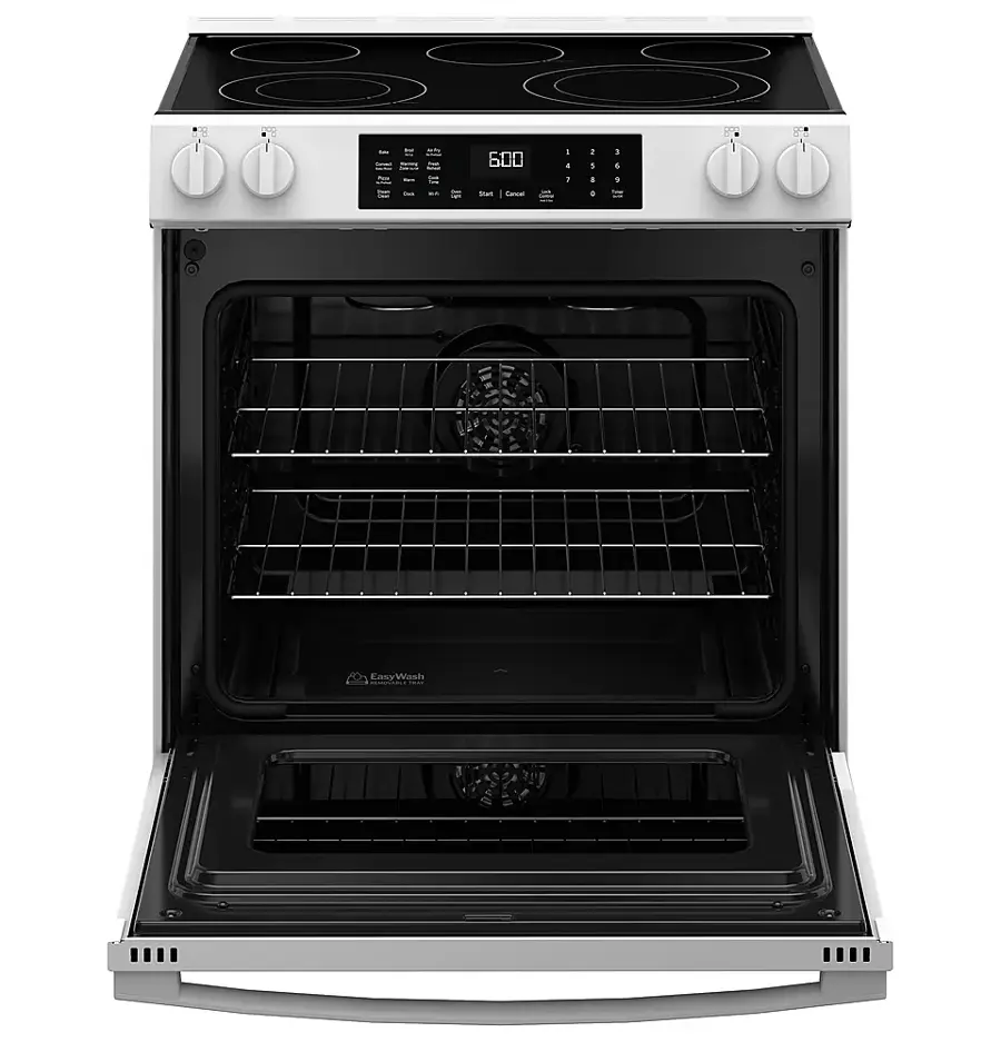 Alt View 18. GE - 5.3 Cu. Ft. Slide-In Electric Convection Range with Steam Cleaning and EasyWash Oven Tray - White.