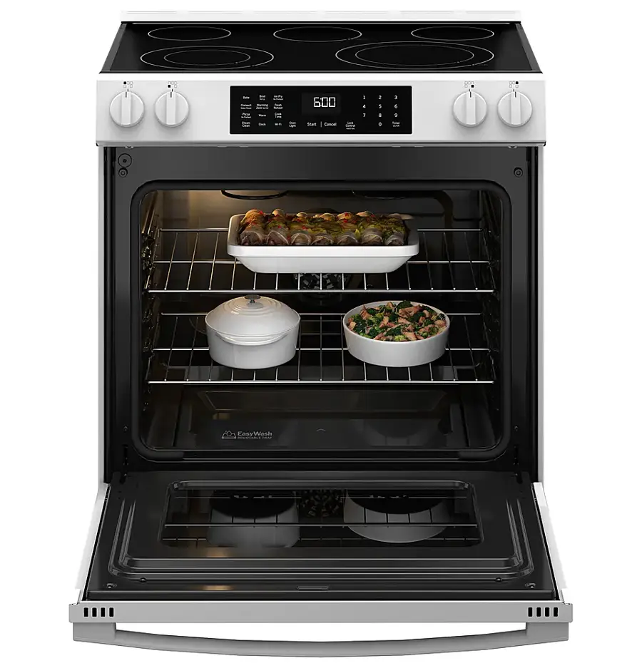 Alt View 19. GE - 5.3 Cu. Ft. Slide-In Electric Convection Range with Steam Cleaning and EasyWash Oven Tray - White.