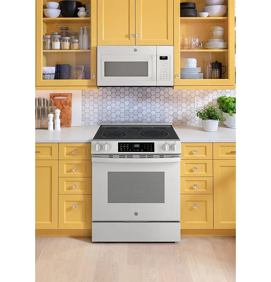 Alt View 27. GE - 5.3 Cu. Ft. Slide-In Electric Convection Range with Steam Cleaning and EasyWash Oven Tray - White.