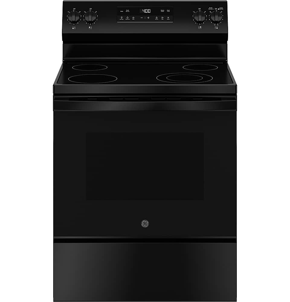 Front. GE - 5.3 Cu. Ft. Freestanding Electric Range with Steam Cleaning and 4 Burner Radiant Cooktop - Black.