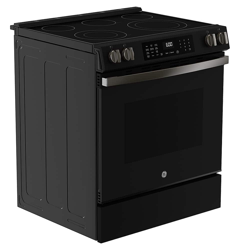 Angle. GE - 5.3 Cu. Ft. Slide-In Electric Convection Range with Steam Cleaning and EasyWash Oven Tray - Black Slate.