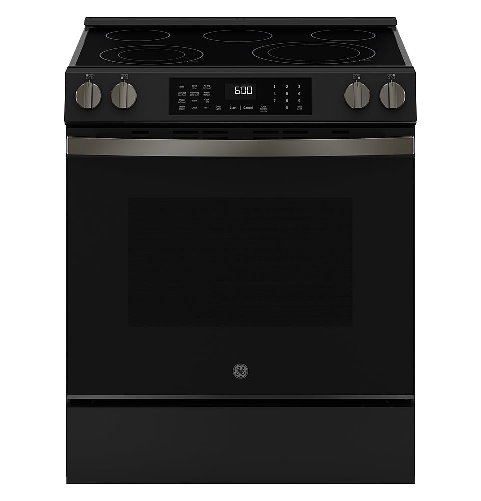 Front. GE - 5.3 Cu. Ft. Slide-In Electric Convection Range with Steam Cleaning and EasyWash Oven Tray - Black Slate.