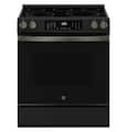 GE - 30 in. Wide 5 Elements 5.3 Cu. Ft. Slide-In Electric Convection Range with Steam Cleaning and EasyWash Oven Tray - Black Slate