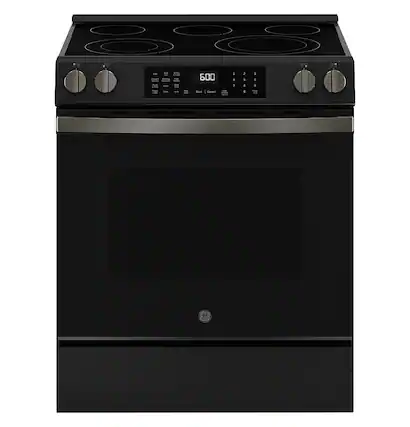 Front. GE - 5.3 Cu. Ft. Slide-In Electric Convection Range with Steam Cleaning and EasyWash Oven Tray - Black Slate.