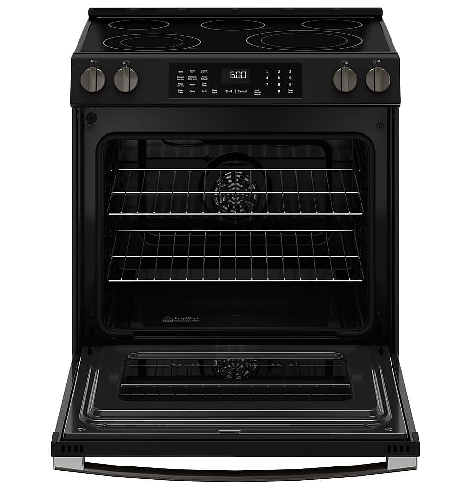 Alt View 18. GE - 5.3 Cu. Ft. Slide-In Electric Convection Range with Steam Cleaning and EasyWash Oven Tray - Black Slate.