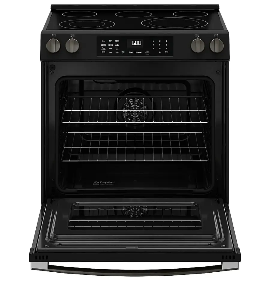 Alt View 18. GE - 5.3 Cu. Ft. Slide-In Electric Convection Range with Steam Cleaning and EasyWash Oven Tray - Black Slate.
