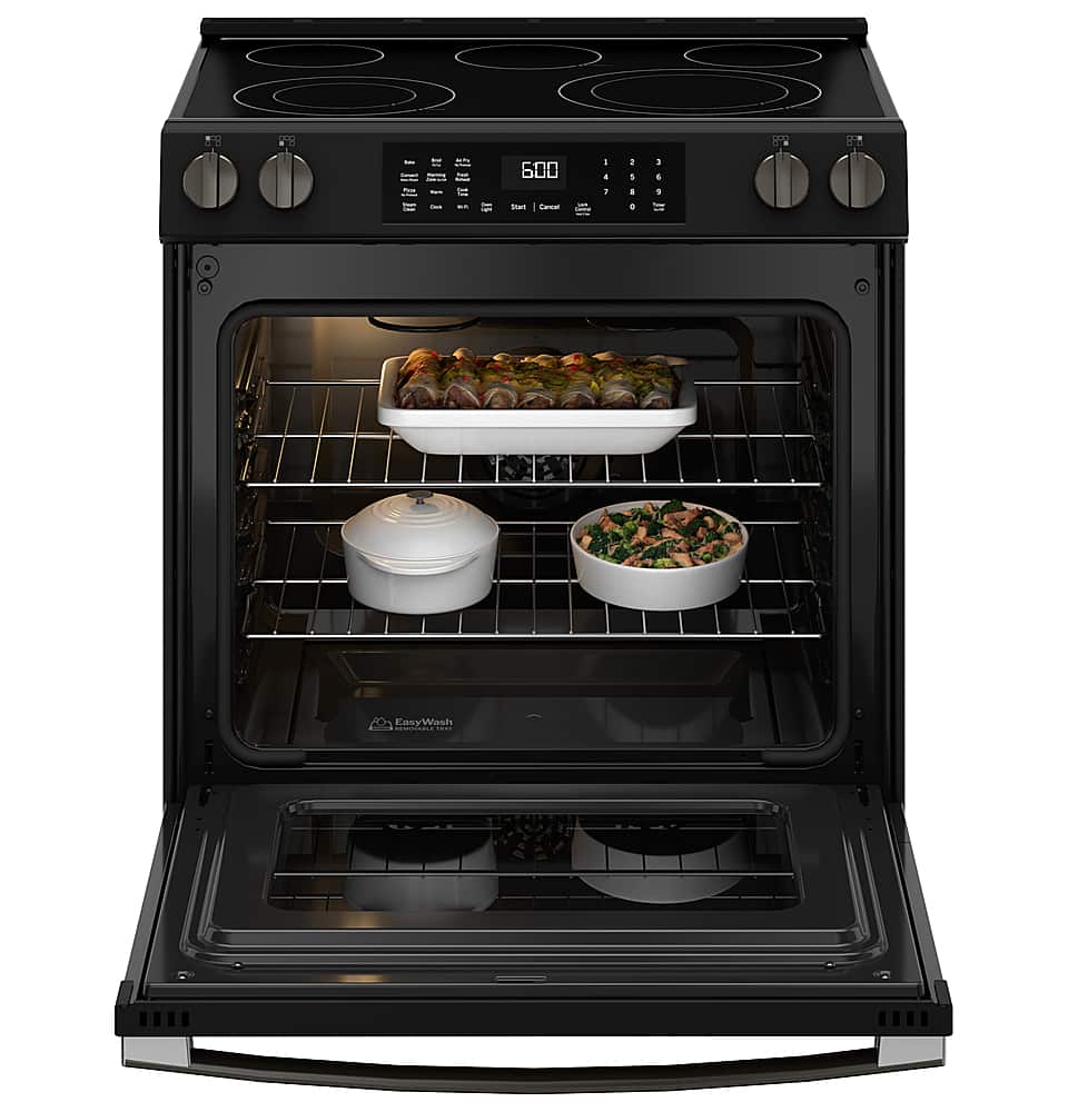 Alt View 19. GE - 5.3 Cu. Ft. Slide-In Electric Convection Range with Steam Cleaning and EasyWash Oven Tray - Black Slate.
