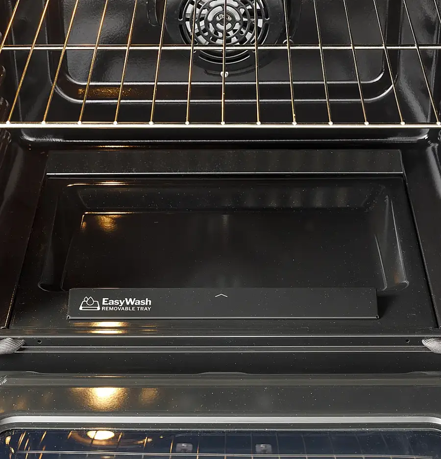 Alt View 27. GE - 5.3 Cu. Ft. Slide-In Electric Convection Range with Steam Cleaning and EasyWash Oven Tray - Black Slate.