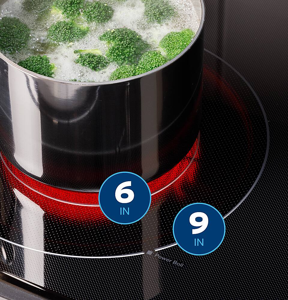 The image shows a pot of broccoli cooking on a stove with the heat set to 6 inches. The pot is filled with broccoli, and the heat is being measured by the stove's power boil feature. The stove's heat is set to 9 inches, indicating that the broccoli is being cooked at a high temperature.