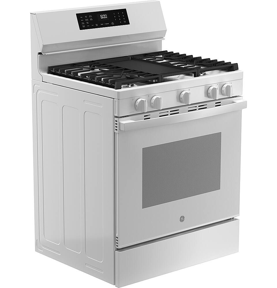 Angle. GE - 5.3 Cu. Ft. Freestanding Gas Convection Range with Steam Cleaning and EasyWash Oven Tray - White.