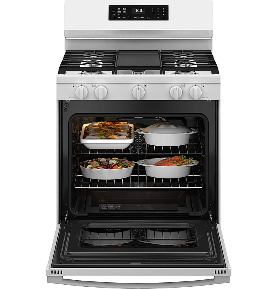 Alt View 19. GE - 5.3 Cu. Ft. Freestanding Gas Convection Range with Steam Cleaning and EasyWash Oven Tray - White.