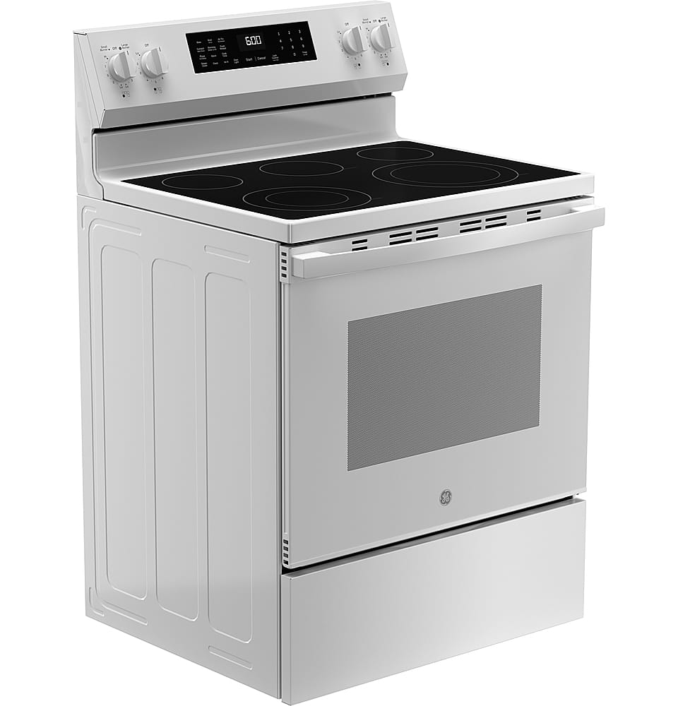Angle. GE - 5.3 Cu. Ft. Freestanding Electric Convection Range with Steam Cleaning and EasyWash Tray - White.