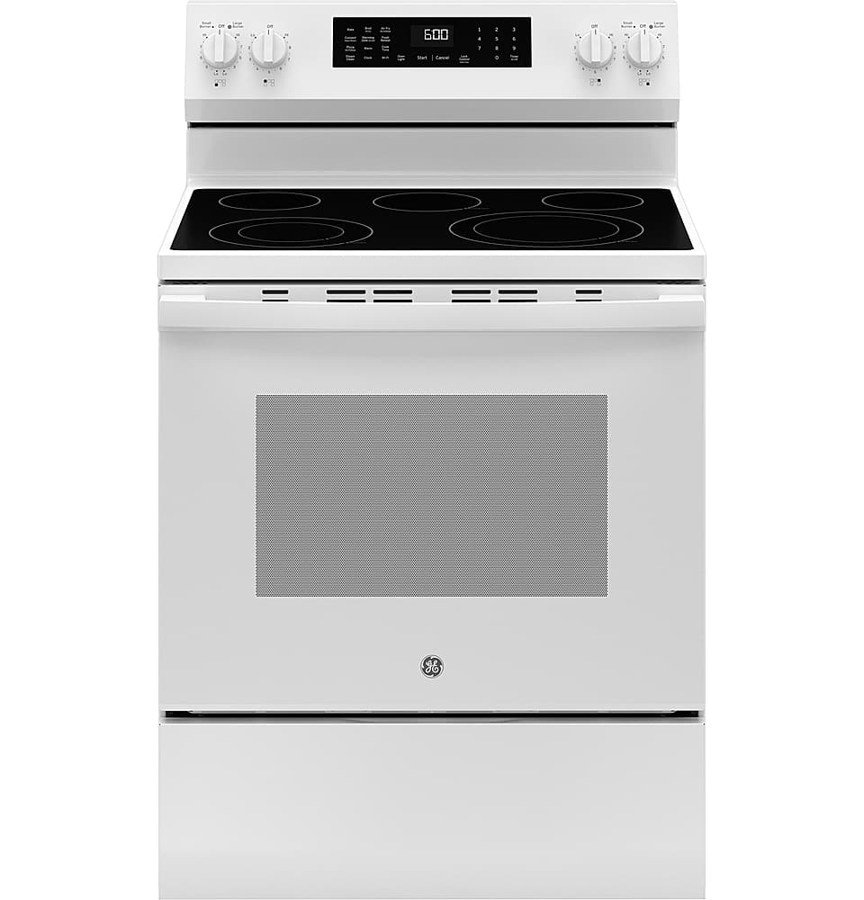 Front. GE - 5.3 Cu. Ft. Freestanding Electric Convection Range with Steam Cleaning and EasyWash Tray - White.