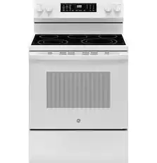 Front. GE - 5.3 Cu. Ft. Freestanding Electric Convection Range with Steam Cleaning and EasyWash Tray - White.