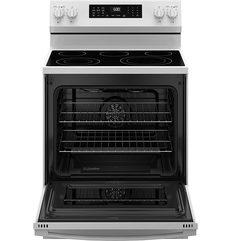 Alt View 20. GE - 5.3 Cu. Ft. Freestanding Electric Convection Range with Steam Cleaning and EasyWash Tray - White.