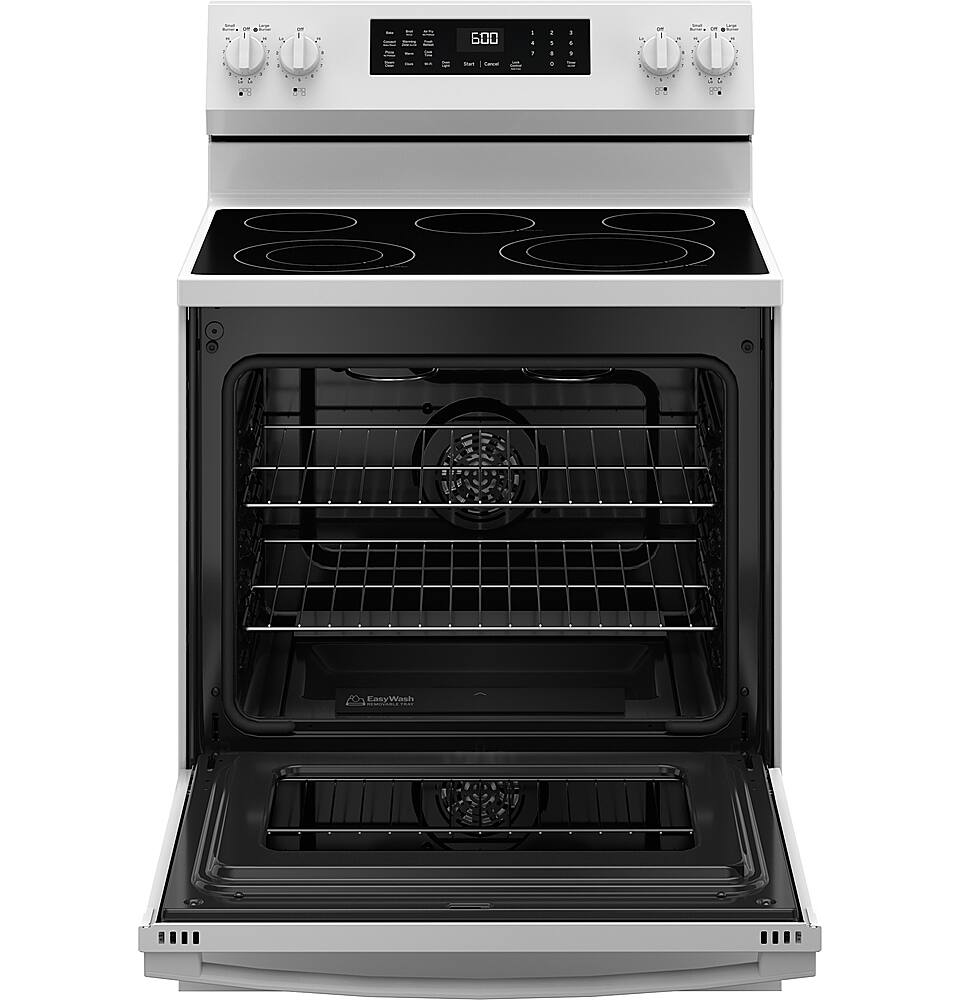 Alt View 20. GE - 5.3 Cu. Ft. Freestanding Electric Convection Range with Steam Cleaning and EasyWash Tray - White.