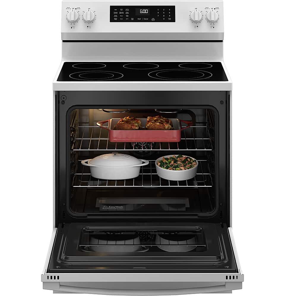 Alt View 24. GE - 5.3 Cu. Ft. Freestanding Electric Convection Range with Steam Cleaning and EasyWash Tray - White.
