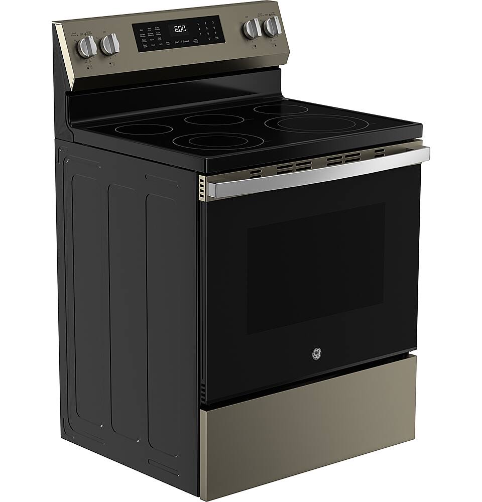Angle. GE - 5.3 Cu. Ft. Freestanding Electric Convection Range with Steam Cleaning and EasyWash Tray - Slate.