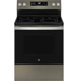 GE - 30 in. Wide 5 Elements 5.3 Cu. Ft. Freestanding Electric Convection Range with Steam Cleaning and EasyWash Tray - Slate