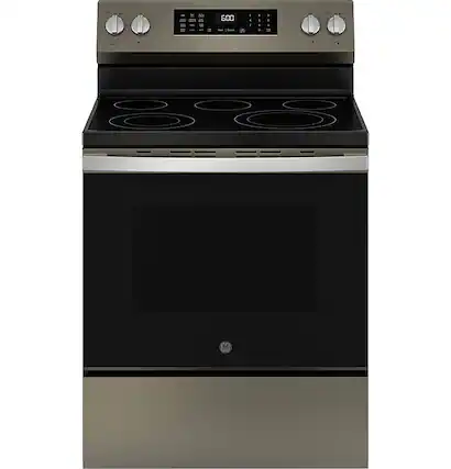 Front. GE - 5.3 Cu. Ft. Freestanding Electric Convection Range with Steam Cleaning and EasyWash Tray - Slate.