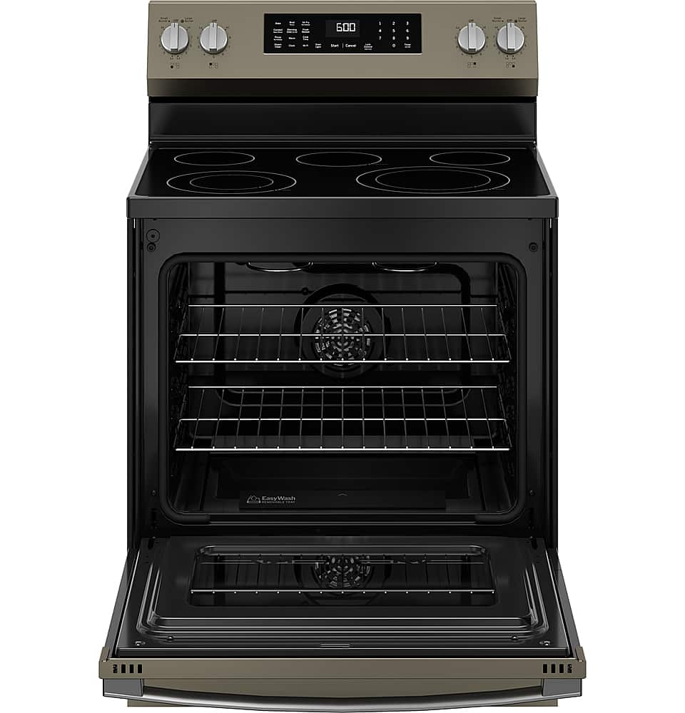 Alt View 17. GE - 5.3 Cu. Ft. Freestanding Electric Convection Range with Steam Cleaning and EasyWash Tray - Slate.