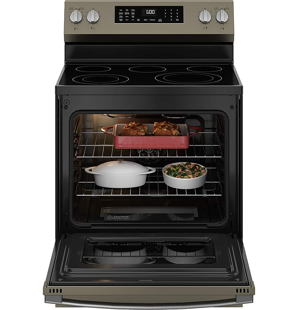 Alt View 21. GE - 5.3 Cu. Ft. Freestanding Electric Convection Range with Steam Cleaning and EasyWash Tray - Slate.