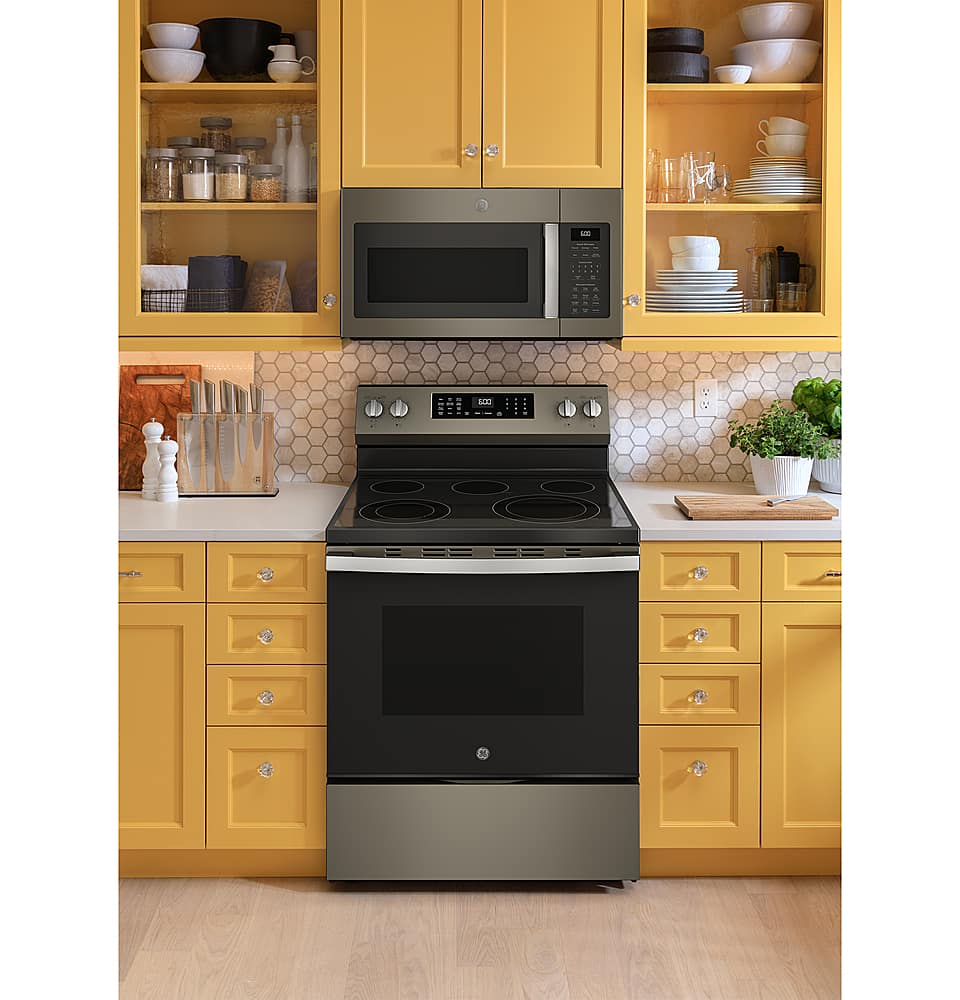 Alt View 24. GE - 5.3 Cu. Ft. Freestanding Electric Convection Range with Steam Cleaning and EasyWash Tray - Slate.