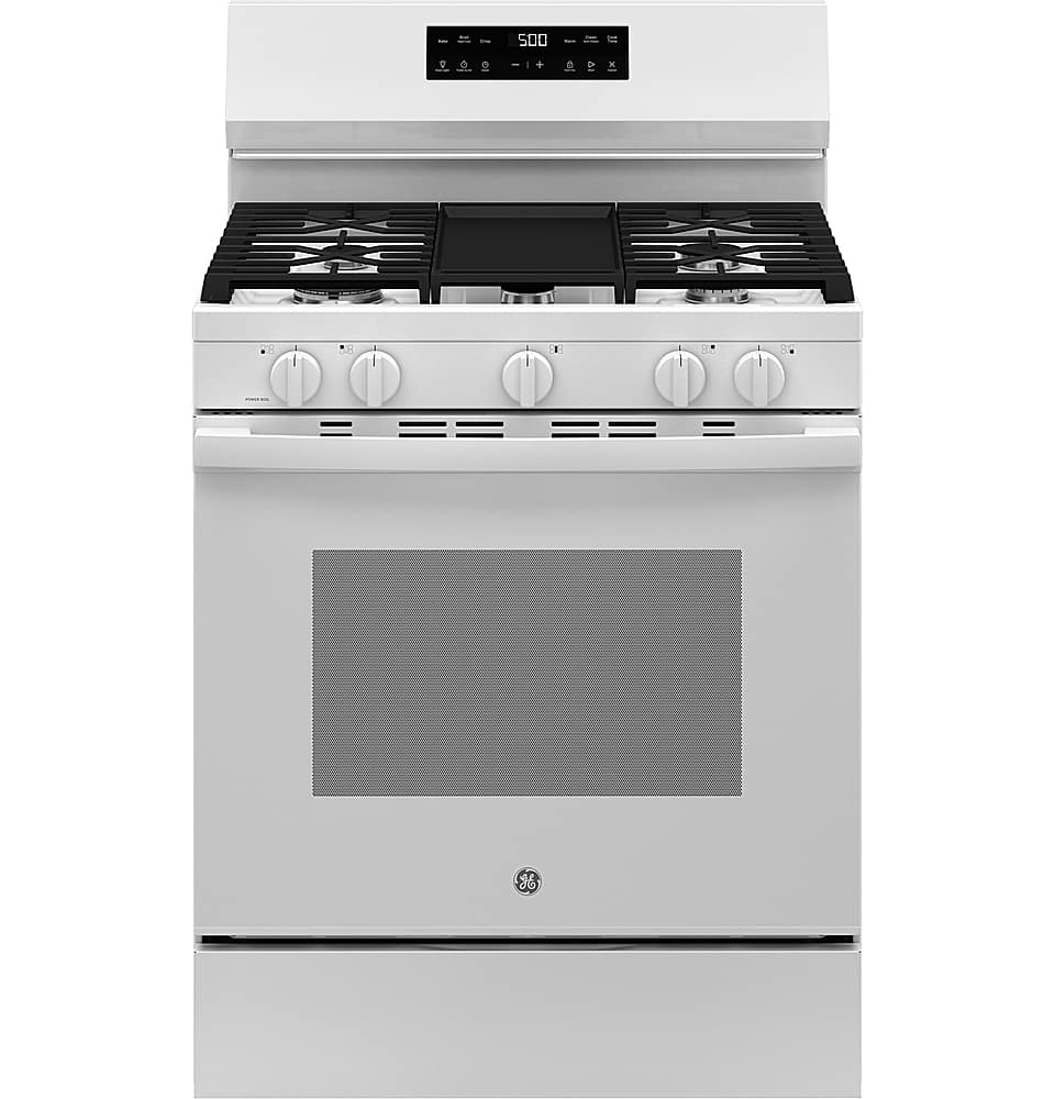 Front. GE - 5.3 Cu. Ft. Freestanding Gas Range with Self-Clean and Steam Cleaning Option and Crisp Mode - White.