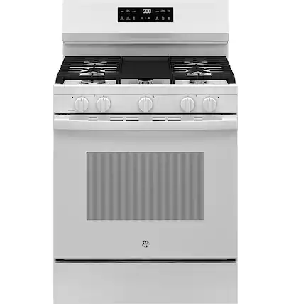 Front. GE - 5.3 Cu. Ft. Freestanding Gas Range with Self-Clean and Steam Cleaning Option and Crisp Mode - White.