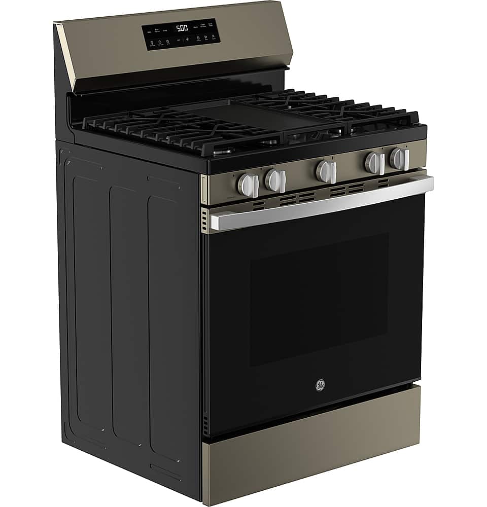 Angle. GE - 5.3 Cu. Ft. Freestanding Gas Range with Self-Clean and Steam Cleaning Option and Crisp Mode - Slate.