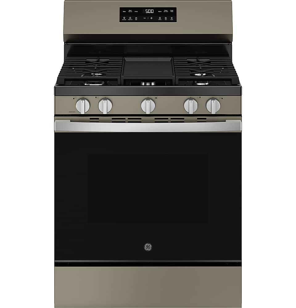 Front. GE - 5.3 Cu. Ft. Freestanding Gas Range with Self-Clean and Steam Cleaning Option and Crisp Mode - Slate.