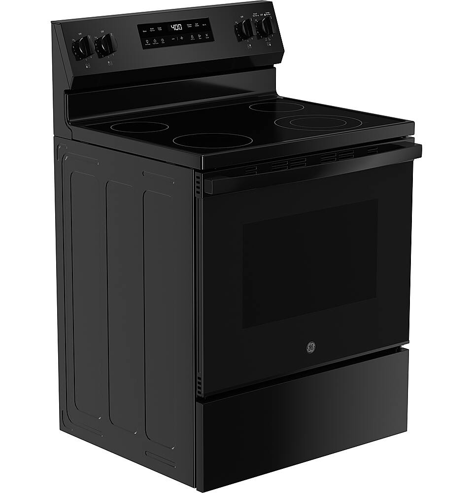 Angle. GE - 5.3 Cu. Ft. Freestanding Electric Range with Self-Clean and Steam Clean Option and Built-In Wi-Fi - Black.