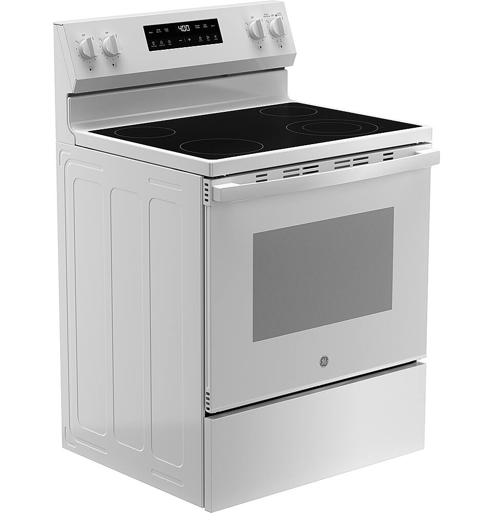 Angle. GE - 5.3 Cu. Ft. Freestanding Electric Range with Self-Clean and Steam Clean Option and Built-In Wi-Fi - White.