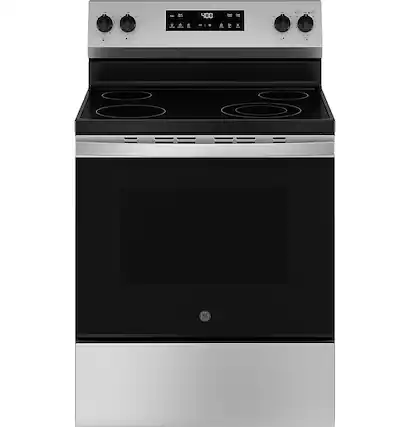 Front. GE - 5.3 Cu. Ft. Freestanding Electric Range with Steam Cleaning and 4 Burner Radiant Cooktop - Stainless Steel/Black.