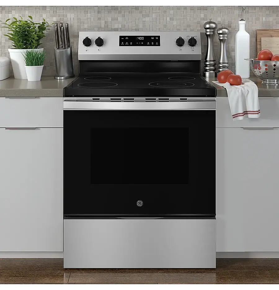 Alt View 25. GE - 5.3 Cu. Ft. Freestanding Electric Range with Steam Cleaning and 4 Burner Radiant Cooktop - Stainless Steel/Black.