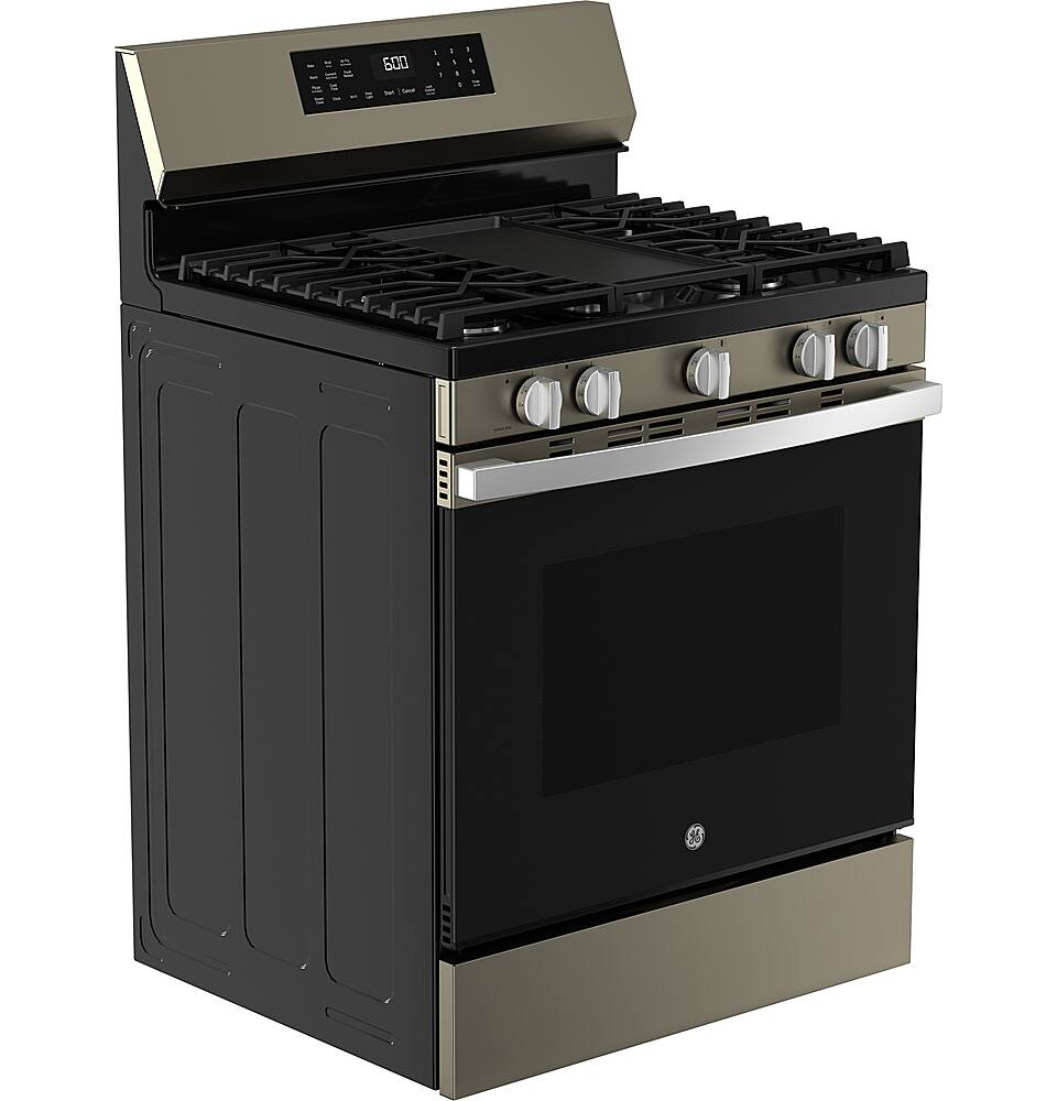 Angle. GE - 5.3 Cu. Ft. Freestanding Gas Convection Range with Steam Cleaning and EasyWash Oven Tray - Slate.
