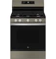 GE - 30 in. Wide 5 Burners 5.3 Cu. Ft. Freestanding Gas Convection Range with Steam Cleaning and EasyWash Oven Tray - Slate