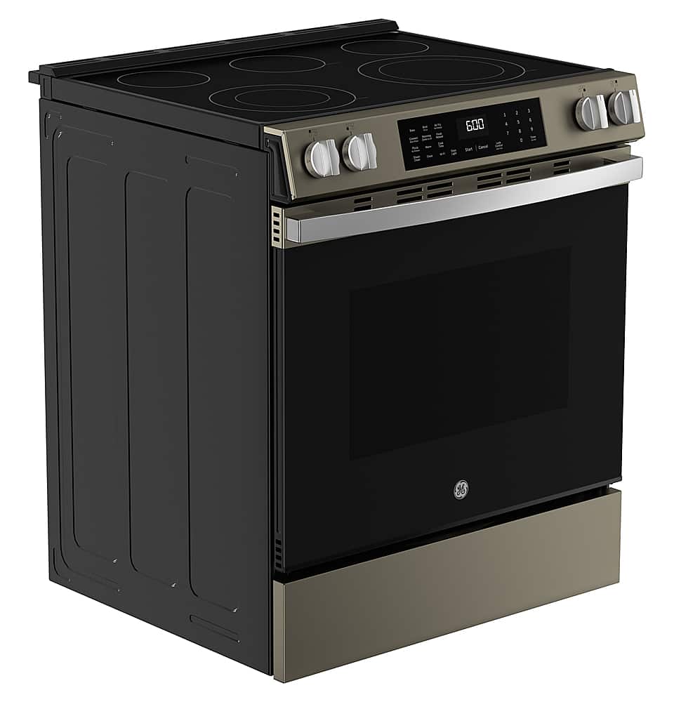Angle. GE - 5.3 Cu. Ft. Slide-In Electric Convection Range with Steam Cleaning and EasyWash Oven Tray - Slate.