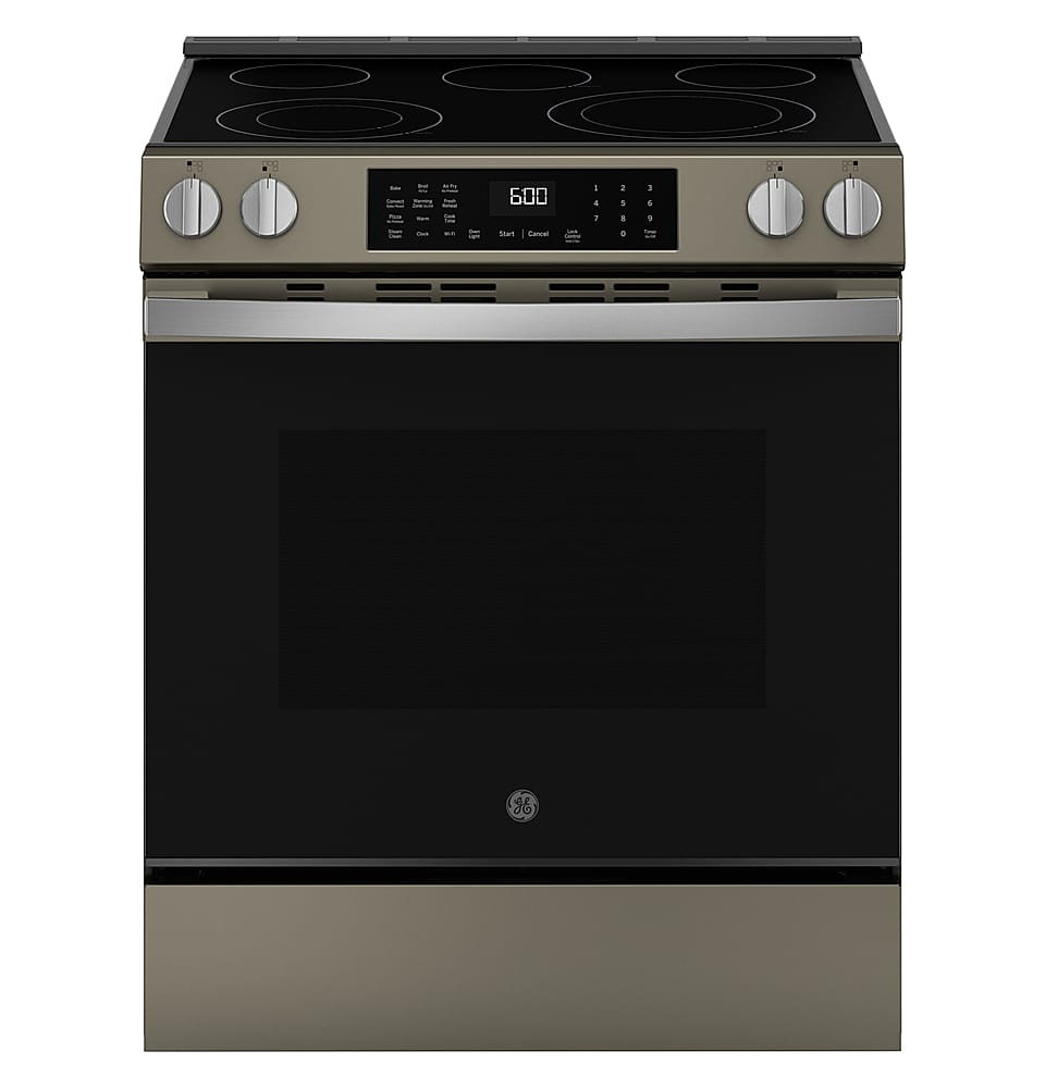Front. GE - 5.3 Cu. Ft. Slide-In Electric Convection Range with Steam Cleaning and EasyWash Oven Tray - Slate.