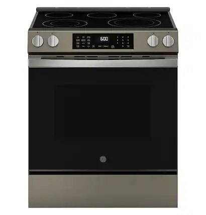 Front. GE - 5.3 Cu. Ft. Slide-In Electric Convection Range with Steam Cleaning and EasyWash Oven Tray - Slate.