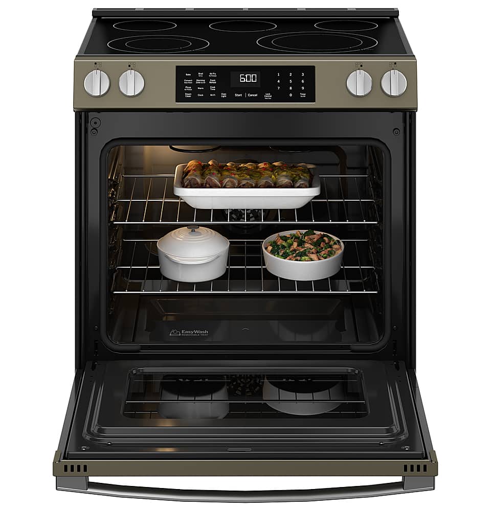 Alt View 26. GE - 5.3 Cu. Ft. Slide-In Electric Convection Range with Steam Cleaning and EasyWash Oven Tray - Slate.