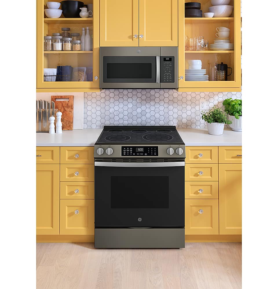 Alt View 27. GE - 5.3 Cu. Ft. Slide-In Electric Convection Range with Steam Cleaning and EasyWash Oven Tray - Slate.